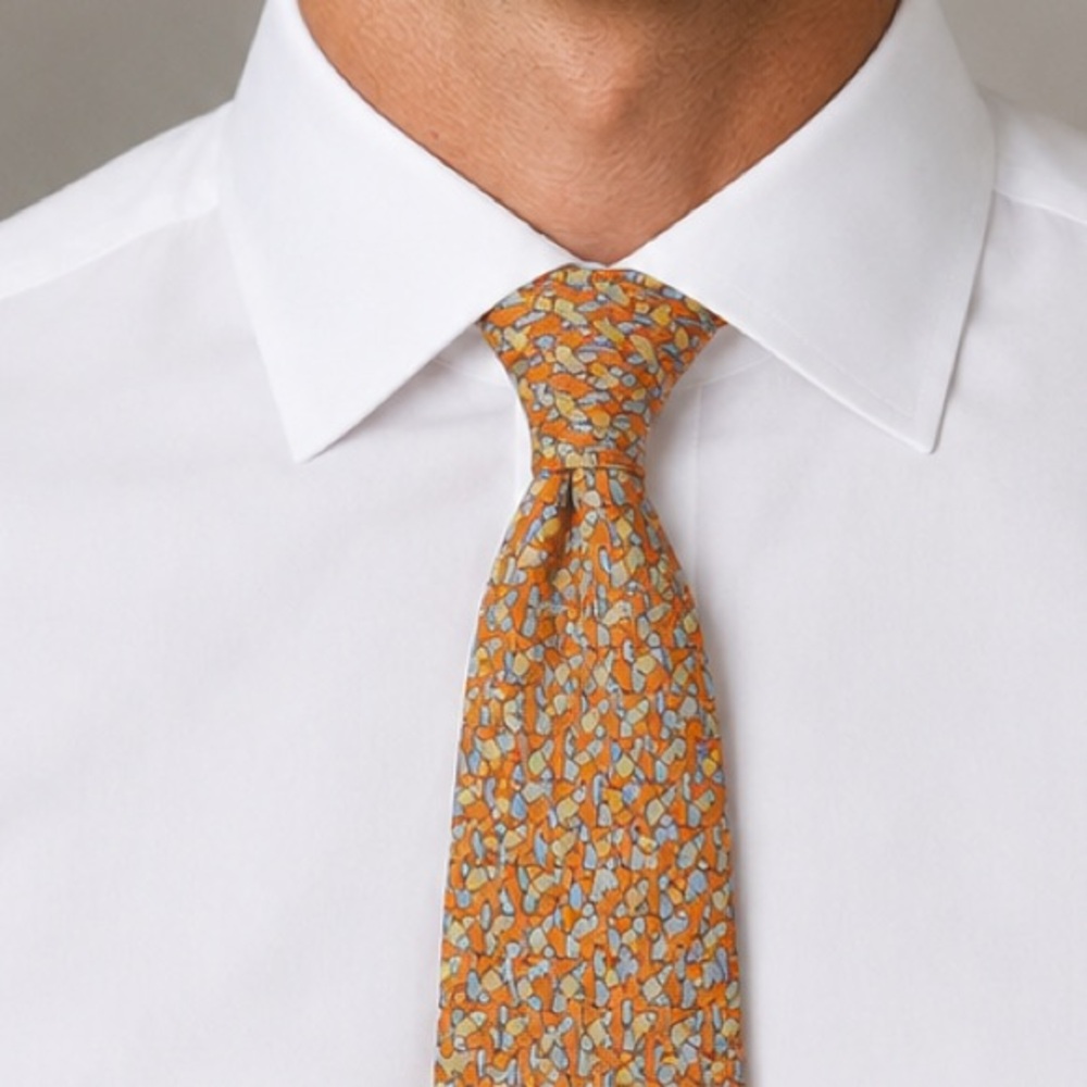 Salvatore Ferragamo Orange and Light Blue Repeating Fish Patterned Silk Tie